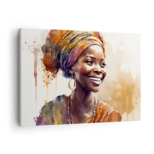 Schilderen op canvas - Portret van een lachende vrouw in een kleurrijke sjaal in waterverf - 70x50cm - Afrikaanse koningin - Moderne wanddecoratie voor woonkamer en slaapkamer ARTTOR