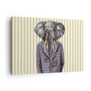 Schilderen op canvas - Een olifant in een pak tegen een achtergrond van beige strepen - 70x50cm - Elegant van nature - Moderne wanddecoratie voor woonkamer en slaapkamer ARTTOR