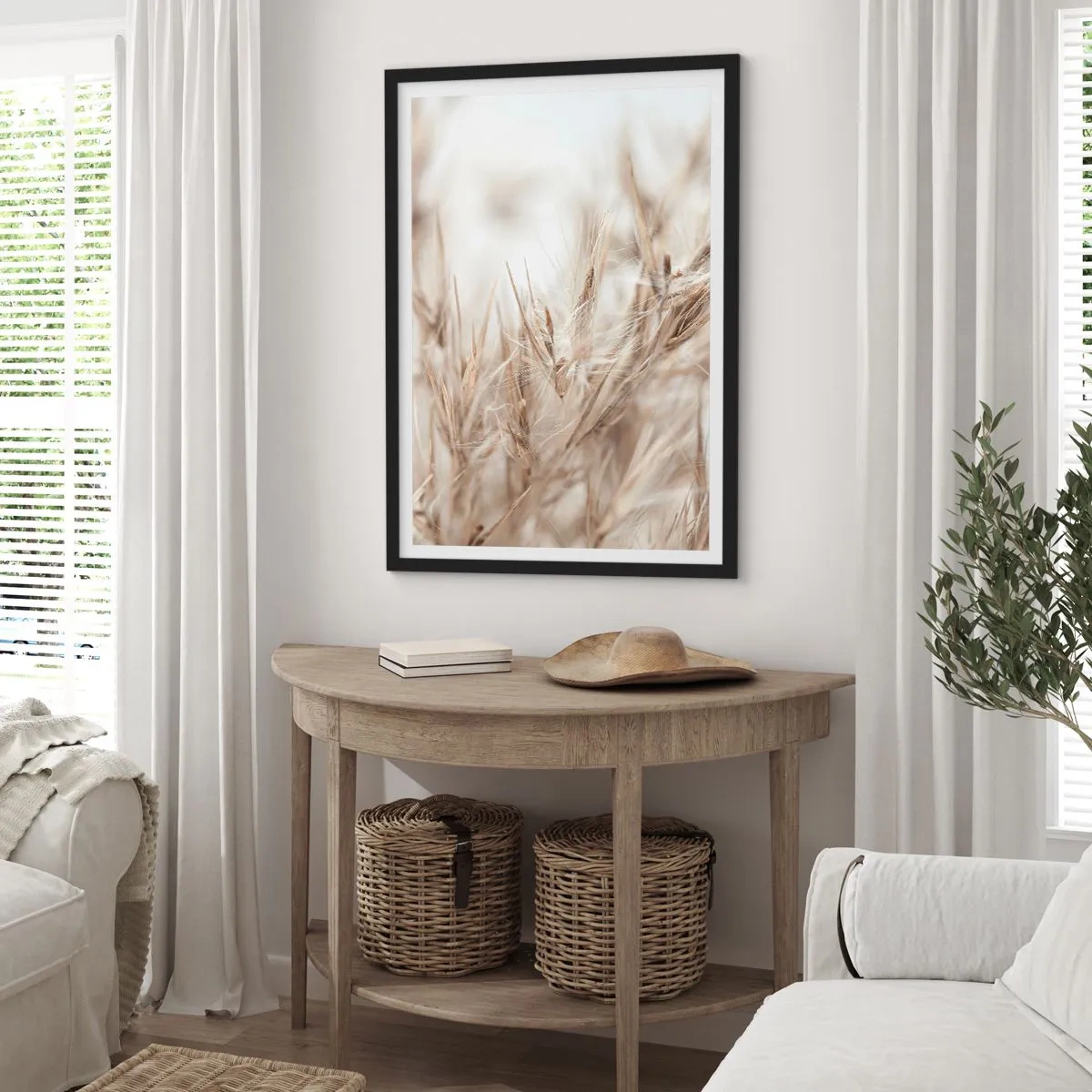 Poster in een zwarte lijst - Fijne grassprieten in beige - 50x70cm - Weide en wind - Moderne wanddecoratie voor woonkamer en slaapkamer ARTTOR