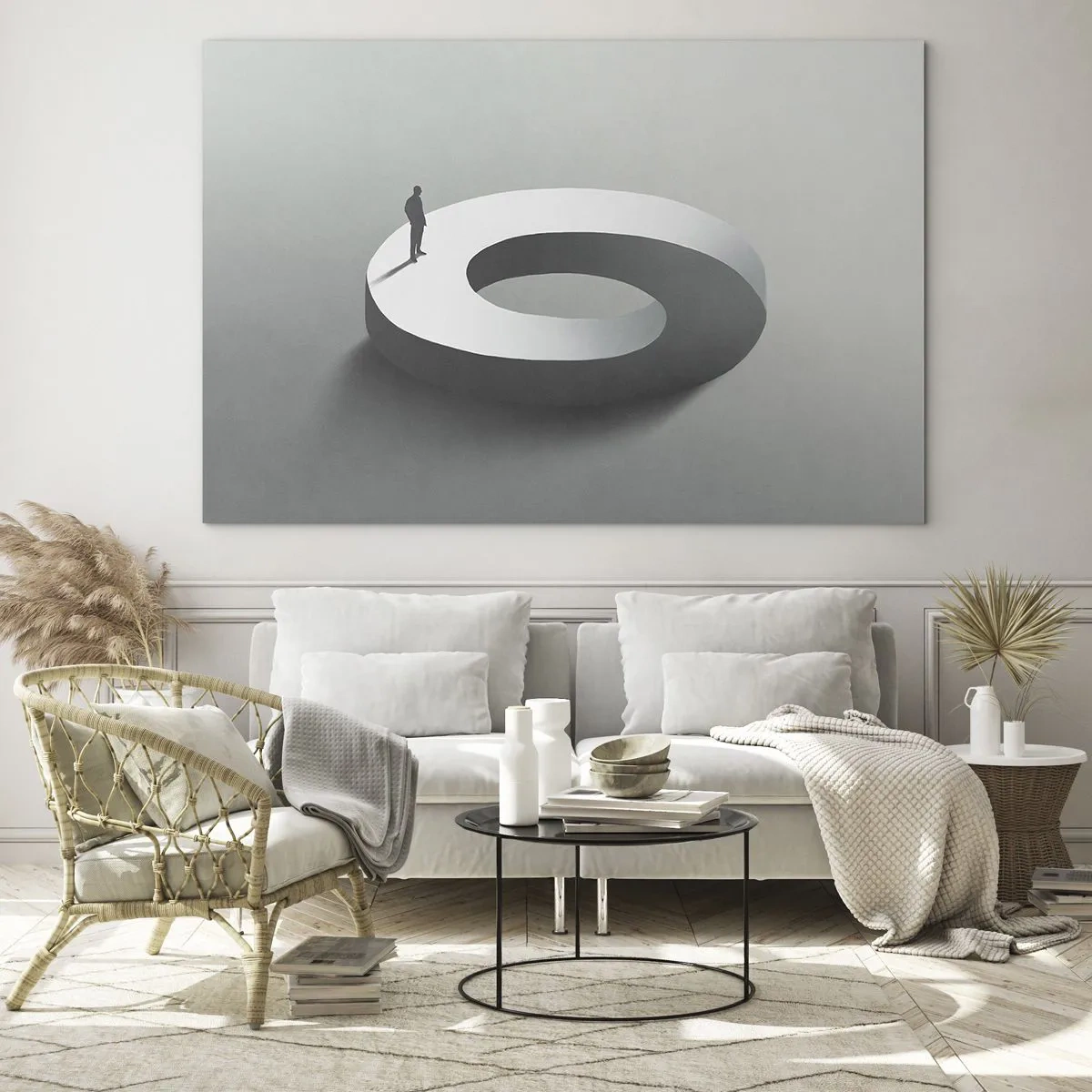 Schilderen op glas - Een minimalistisch silhouet van een man op een witte ring - 70x50cm - En wees hier slim - Moderne wanddecoratie voor woonkamer en slaapkamer ARTTOR