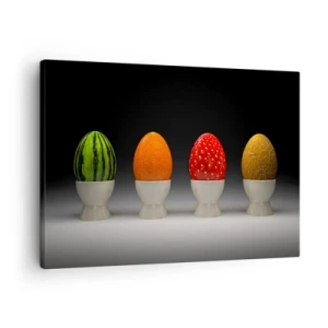 Schilderen op canvas - Kleurrijke eieren die op fruit lijken op een donkere achtergrond - 70x50cm - Fruit ontbijt - Moderne wanddecoratie voor woonkamer en slaapkamer ARTTOR
