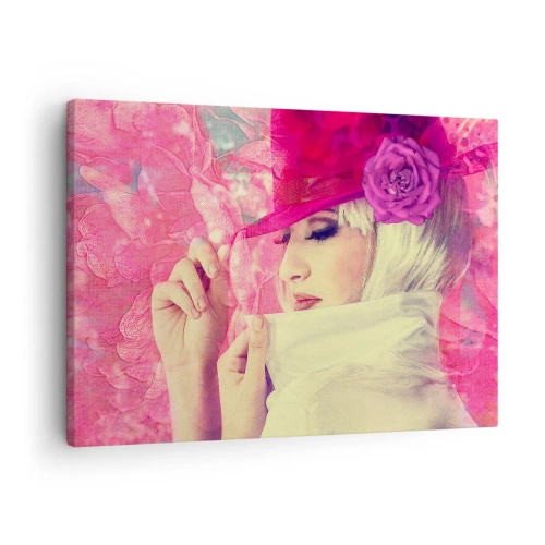 Schilderen op canvas - Stijlvolle vrouw in een roze hoed met een bloem - 70x50cm - Retro portret in een roze mist - Moderne wanddecoratie voor woonkamer en slaapkamer ARTTOR