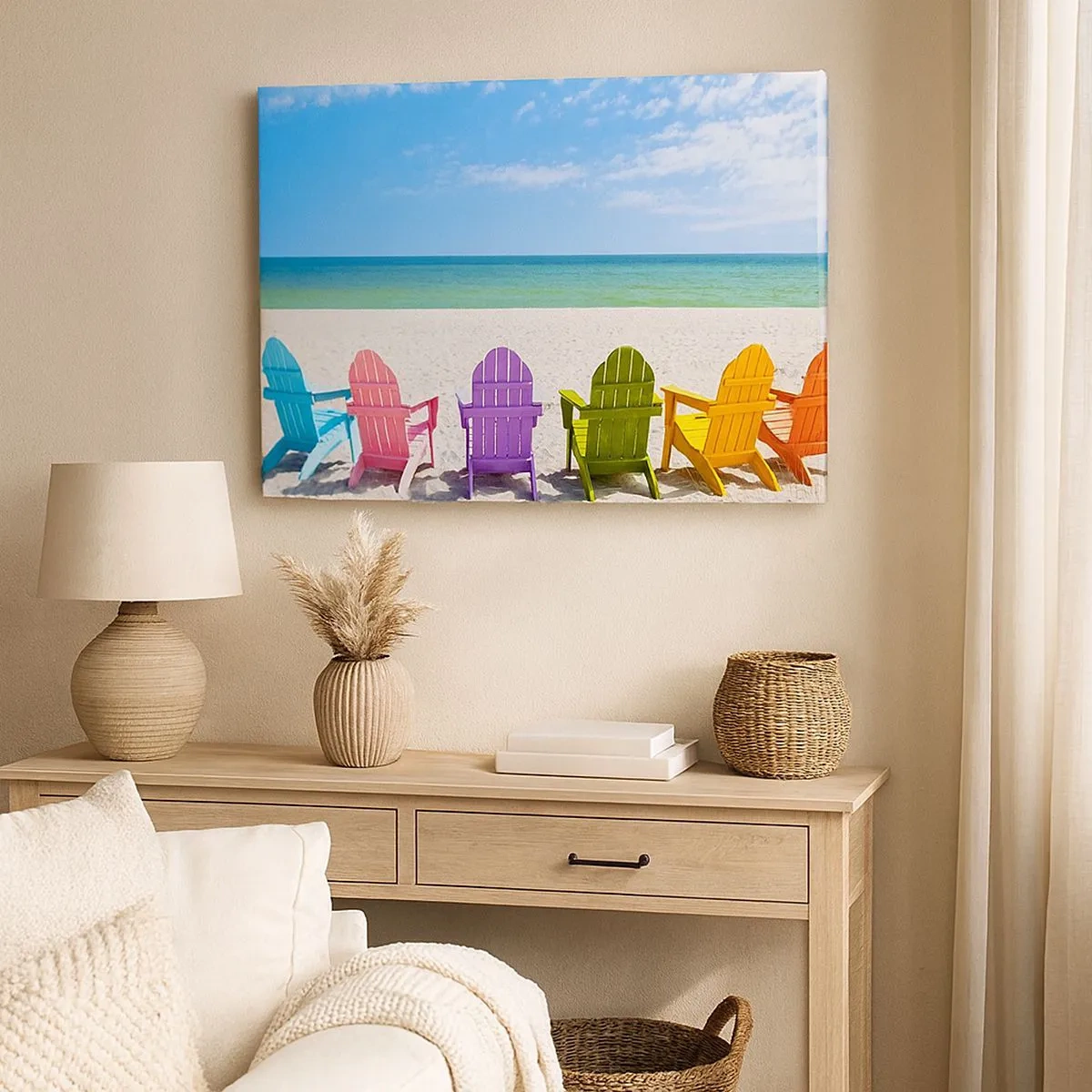 Schilderen op canvas - Kleurrijke ligstoelen op het strand met uitzicht op de zee - 70x50cm - Regenboog strand - Moderne wanddecoratie voor woonkamer en slaapkamer ARTTOR