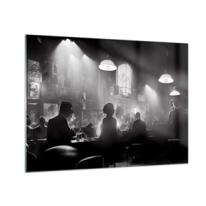 Schilderen op glas - Zwart-wit jazzpodium in een clubinterieur - 70x50cm - In jazz-sfeer - Moderne wanddecoratie voor woonkamer en slaapkamer ARTTOR