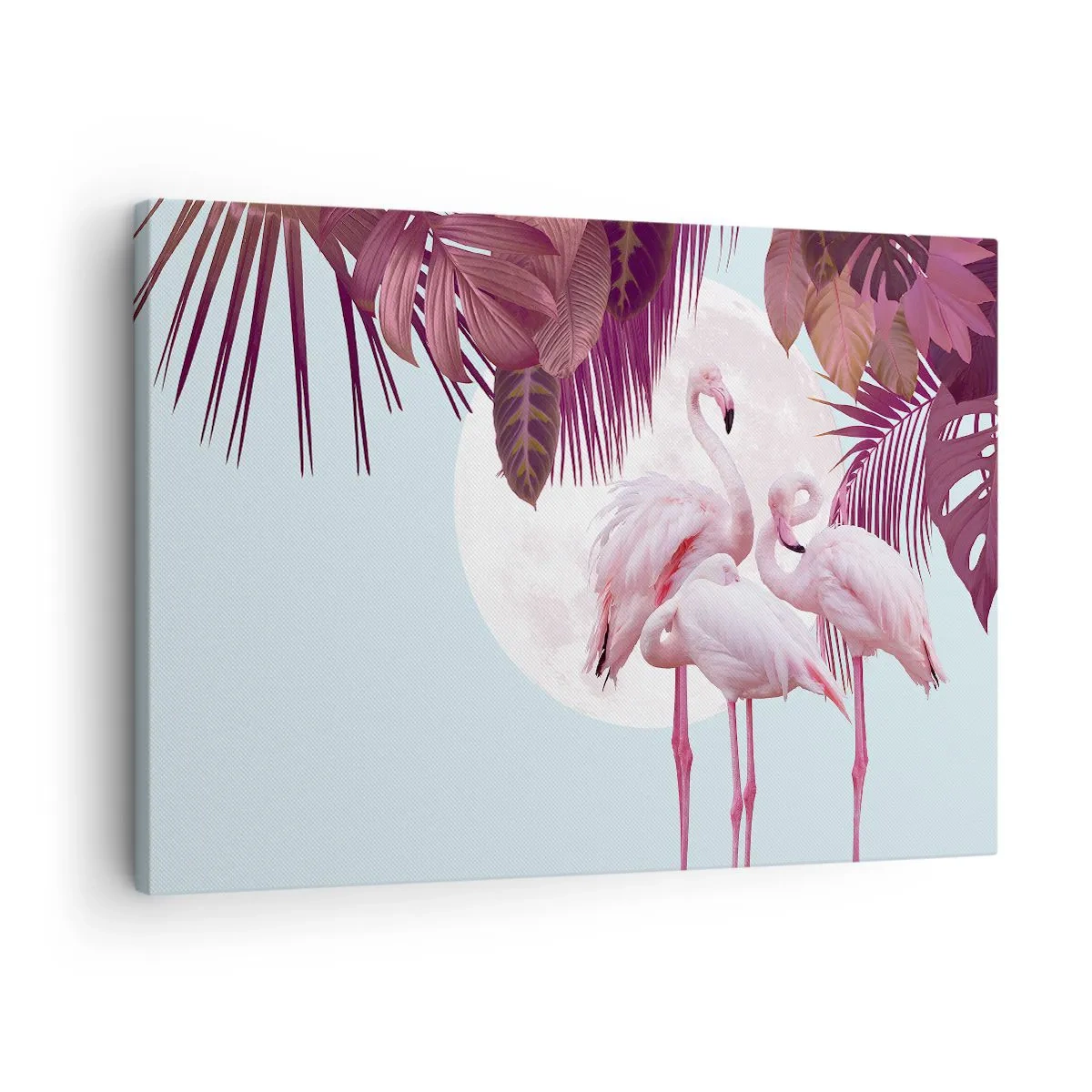 Schilderen op canvas - Roze flamingo's tegen de achtergrond van de maan en tropische bladeren - 70x50cm - Drie vogel genaden - Moderne wanddecoratie voor woonkamer en slaapkamer ARTTOR