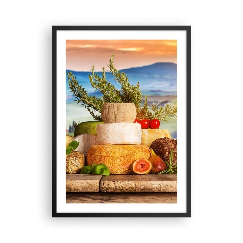 Poster in een zwarte lijst - Rustieke stapel kazen tegen een landschapsachtergrond - 50x70cm - De Italiaanse levensvreugde - Moderne wanddecoratie voor woonkamer en slaapkamer ARTTOR