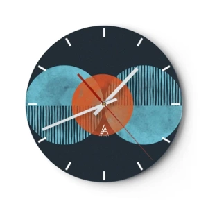 Wandklok - Klok - Een abstracte compositie van cirkels en lijnen in tinten blauw en oranje. - 30x30cm - Symmetrische compositie - Moderne wanddecoratie voor woonkamer, keuken en slaapkamer ARTTOR