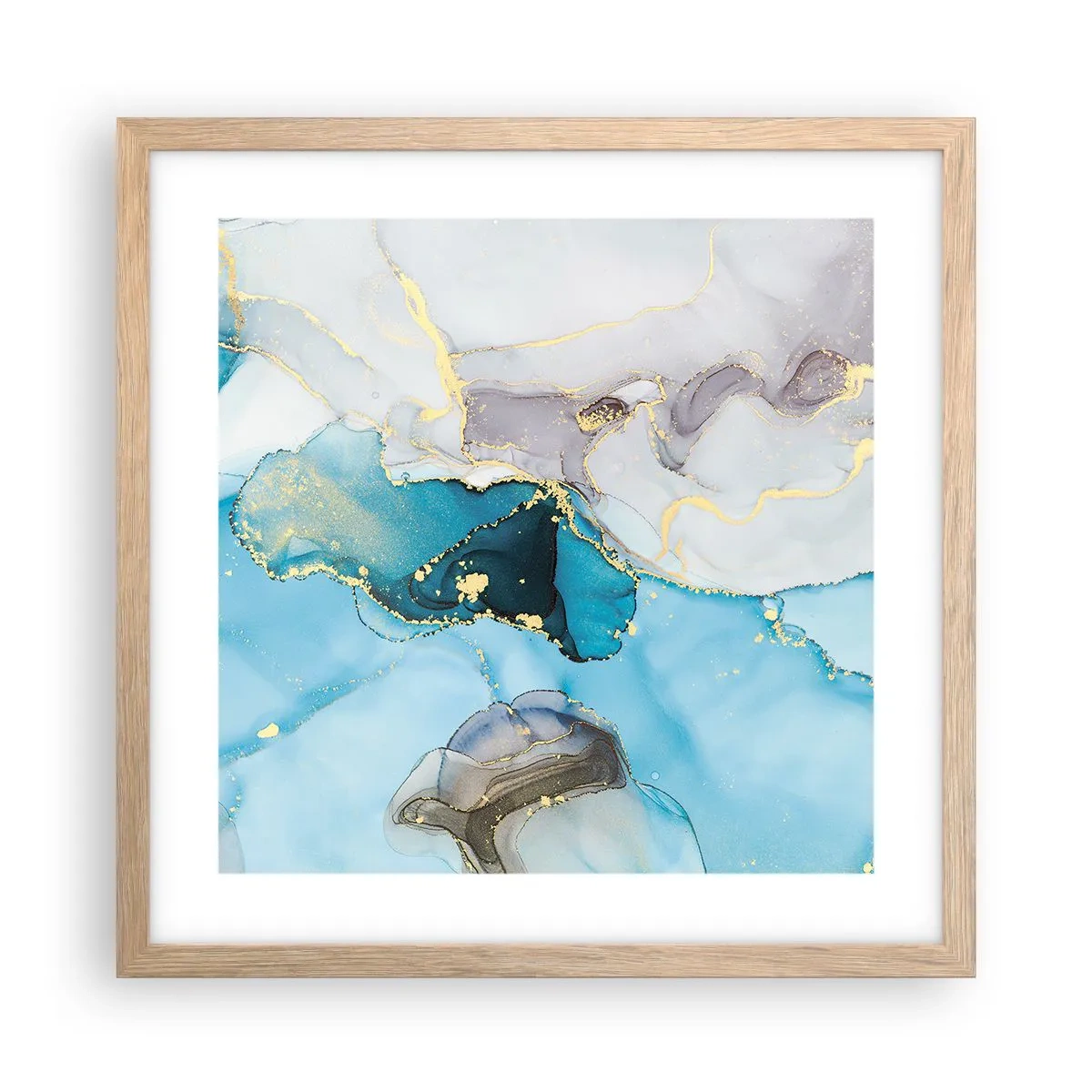 Een poster in een licht eiken lijst - Een studie van de ontmoeting van grijs en turkoois - 40x40 cm