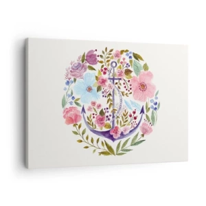 Schilderen op canvas - Een anker omgeven door aquarelbloemen op een lichte achtergrond - 70x50cm - Goede droom van zeeman - Moderne wanddecoratie voor woonkamer en slaapkamer ARTTOR