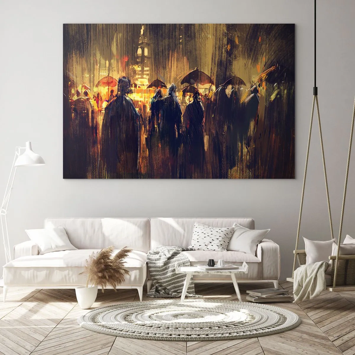 Schilderen op glas - Een menigte met paraplu's in de regen tegen de achtergrond van stadslichten - 70x50cm - Volgelingen van de regen - Moderne wanddecoratie voor woonkamer en slaapkamer ARTTOR