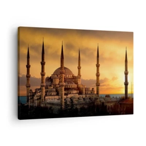 Schilderen op canvas - De moskee bij zonsondergang in warme kleuren - 70x50cm - God is geweldig - Moderne wanddecoratie voor woonkamer en slaapkamer ARTTOR
