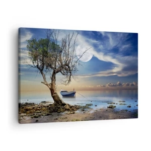 Schilderen op canvas - Een eenzame boom en een boot op kalm water onder volle maan. - 70x50cm - Is dit het einde of het begin? - Moderne wanddecoratie voor woonkamer en slaapkamer ARTTOR