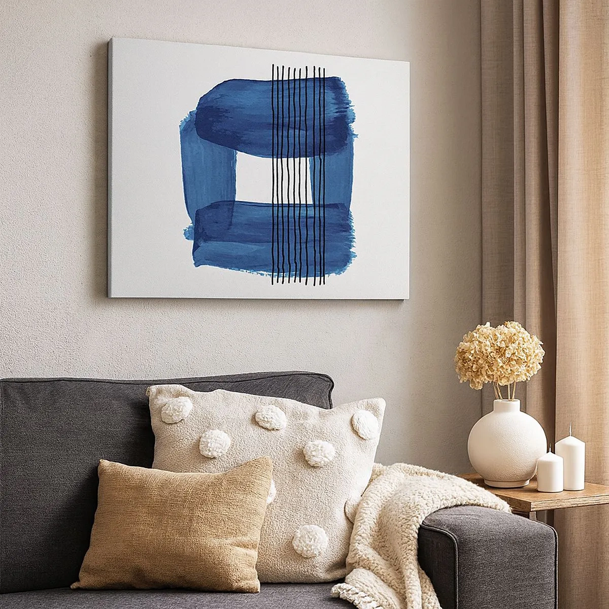 Schilderen op canvas - Abstract patroon in tinten blauw met zwarte lijnen - 70x50cm - Blauwe en zwarte compositie - Moderne wanddecoratie voor woonkamer en slaapkamer ARTTOR