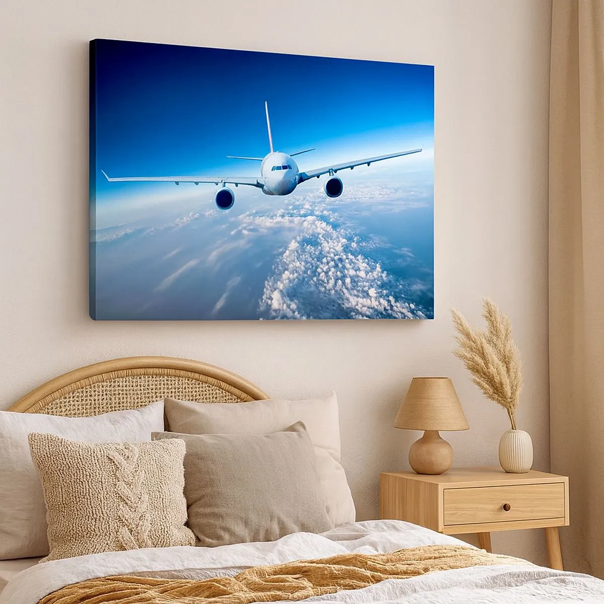Schilderen op canvas - Een vliegtuig dat boven de wolken vliegt tegen een blauwe lucht - 70x50cm - Ik vlieg omdat ik dat wil - Moderne wanddecoratie voor woonkamer en slaapkamer ARTTOR