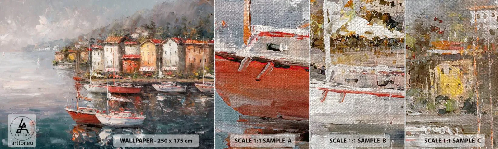 Fotobehang Monster Premium Canvas - Romantisch toevluchtsoord - Architectuur, Havenstad, Zeilboot - 100x30 cm