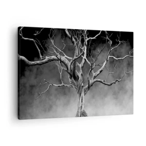 Schilderen op canvas - Een droge boom in zwart-wit tegen de mist - 70x50cm - Oorspronkelijk en heilig - Moderne wanddecoratie voor woonkamer en slaapkamer ARTTOR
