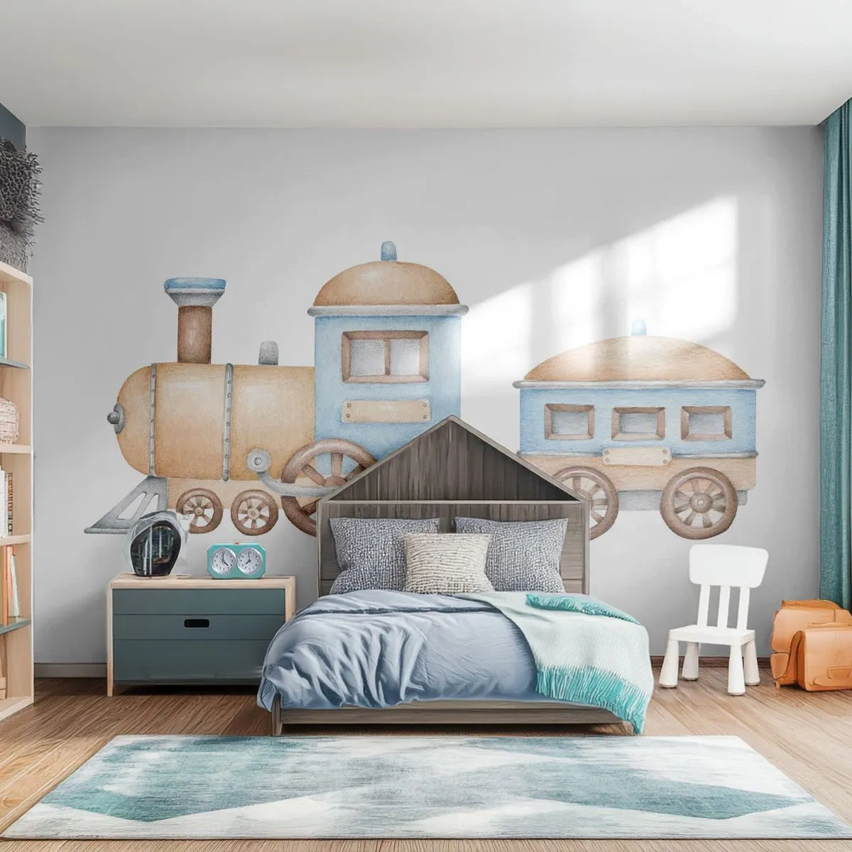 Zelfklevend Fotobehang Deluxe Sticker - Hij staat op het station... - Kinderen, Trein, Retro - 250x175 cm