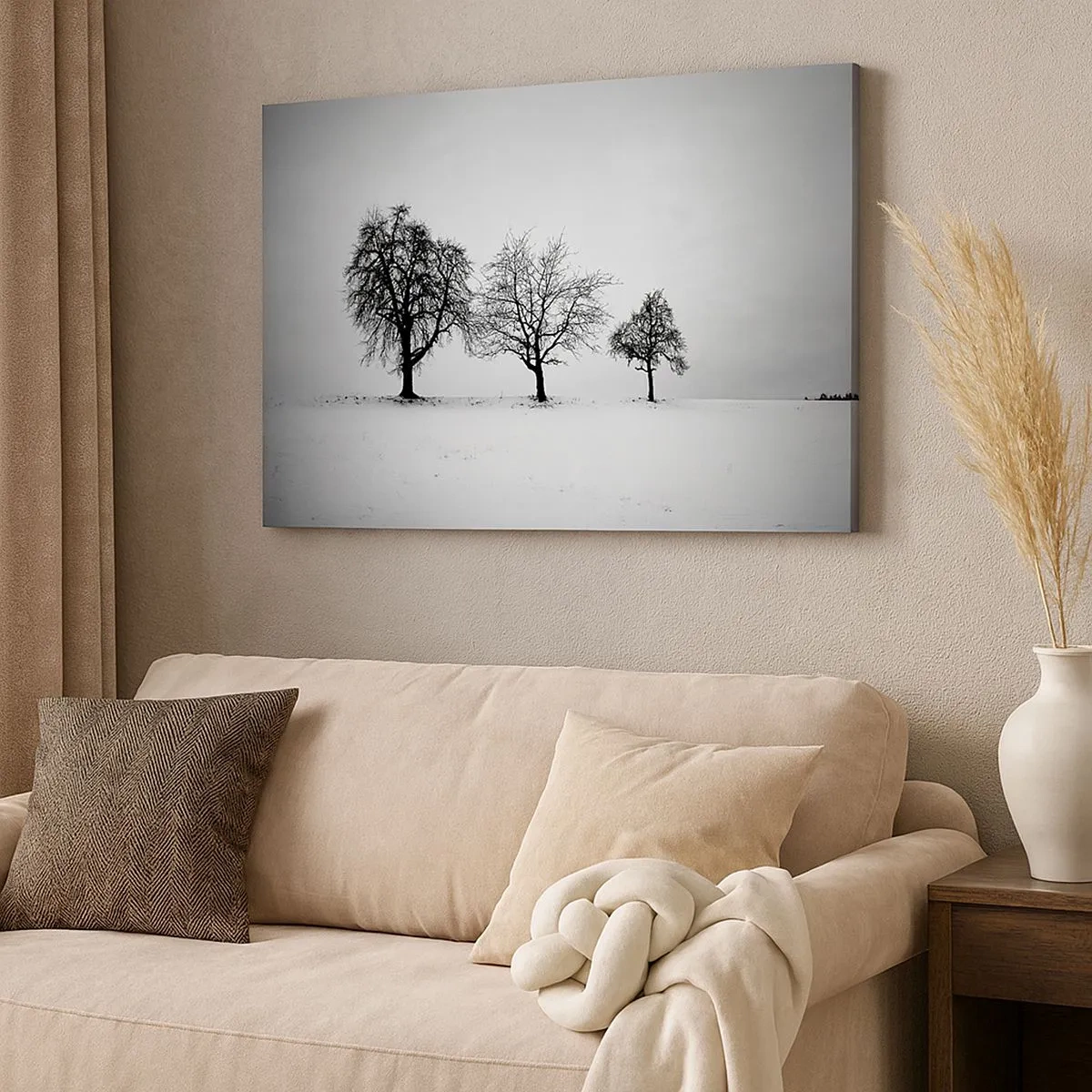 Schilderen op canvas - Drie bomen in een besneeuwd veld in een monochrome stijl - 70x50cm - Waar dromen ze over? - Moderne wanddecoratie voor woonkamer en slaapkamer ARTTOR