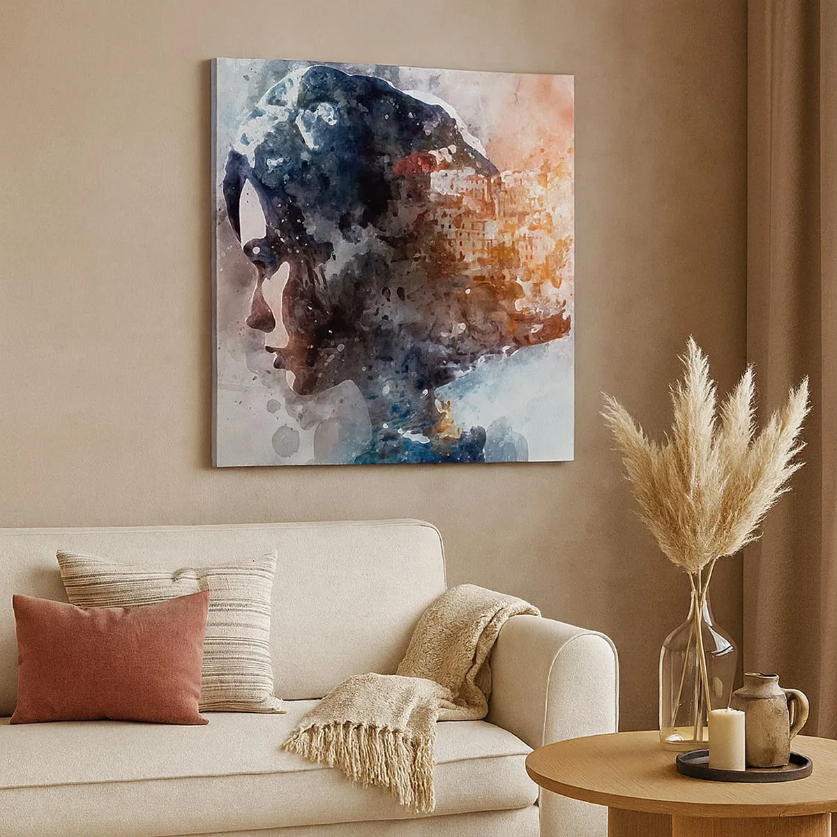 Schilderen op canvas - Een verhaal over een meisje met een stad op de achtergrond - 30x30 cm