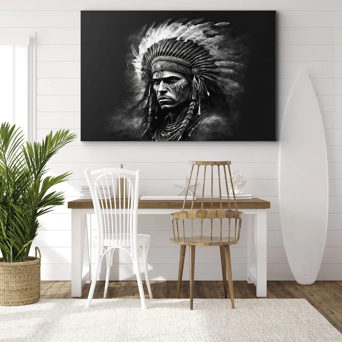 Schilderen op canvas - Portret van een opperhoofd met een veren hoofdtooi tegen een zwarte achtergrond - 70x50cm - Een leider en strijder - Moderne wanddecoratie voor woonkamer en slaapkamer ARTTOR