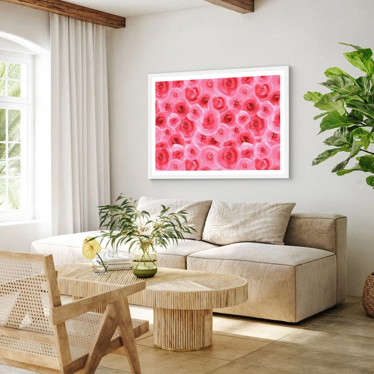 Poster in een witte lijst - Rozen onder en boven - 100x70 cm