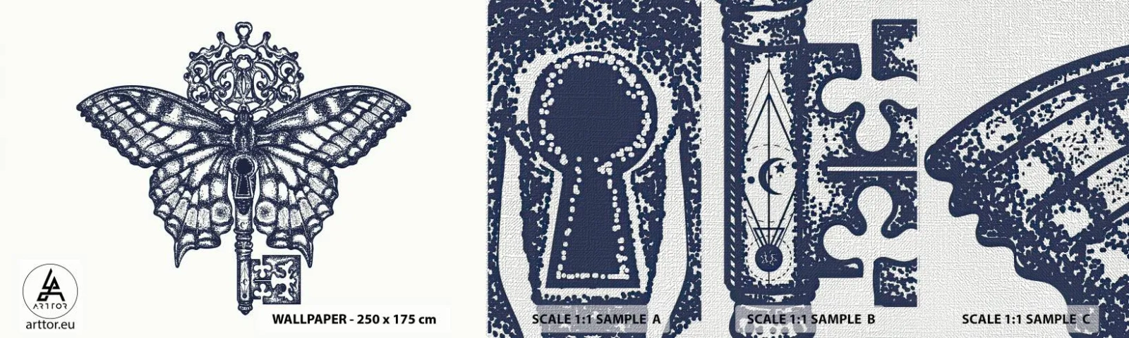 Fotobehang Monster Premium Canvas - Alle geheimen van het hart - Abstractie, Vlinder, Sleutel - 100x30 cm