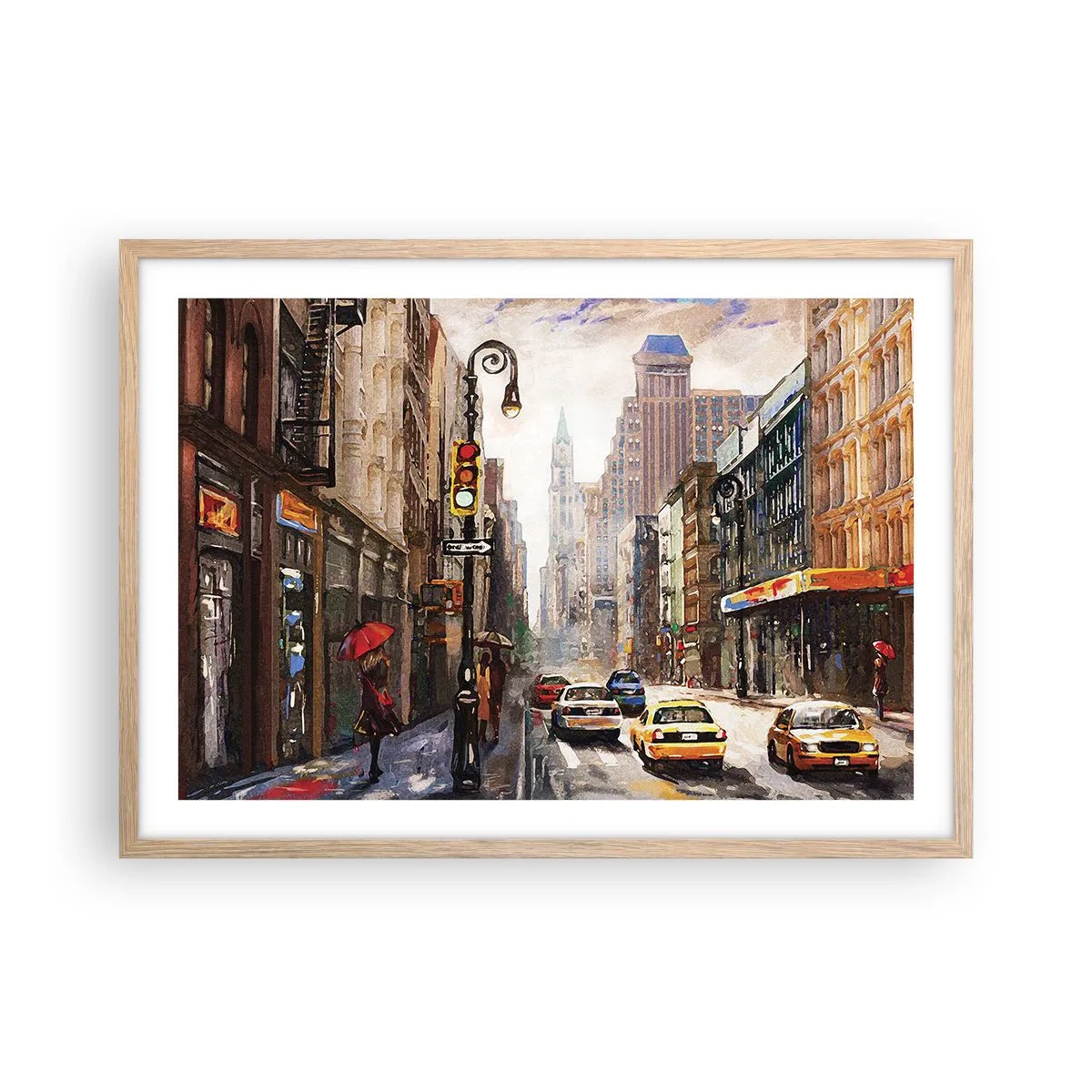 Een poster in een licht eiken lijst - New York - ook kleurrijk in de regen - 70x50 cm