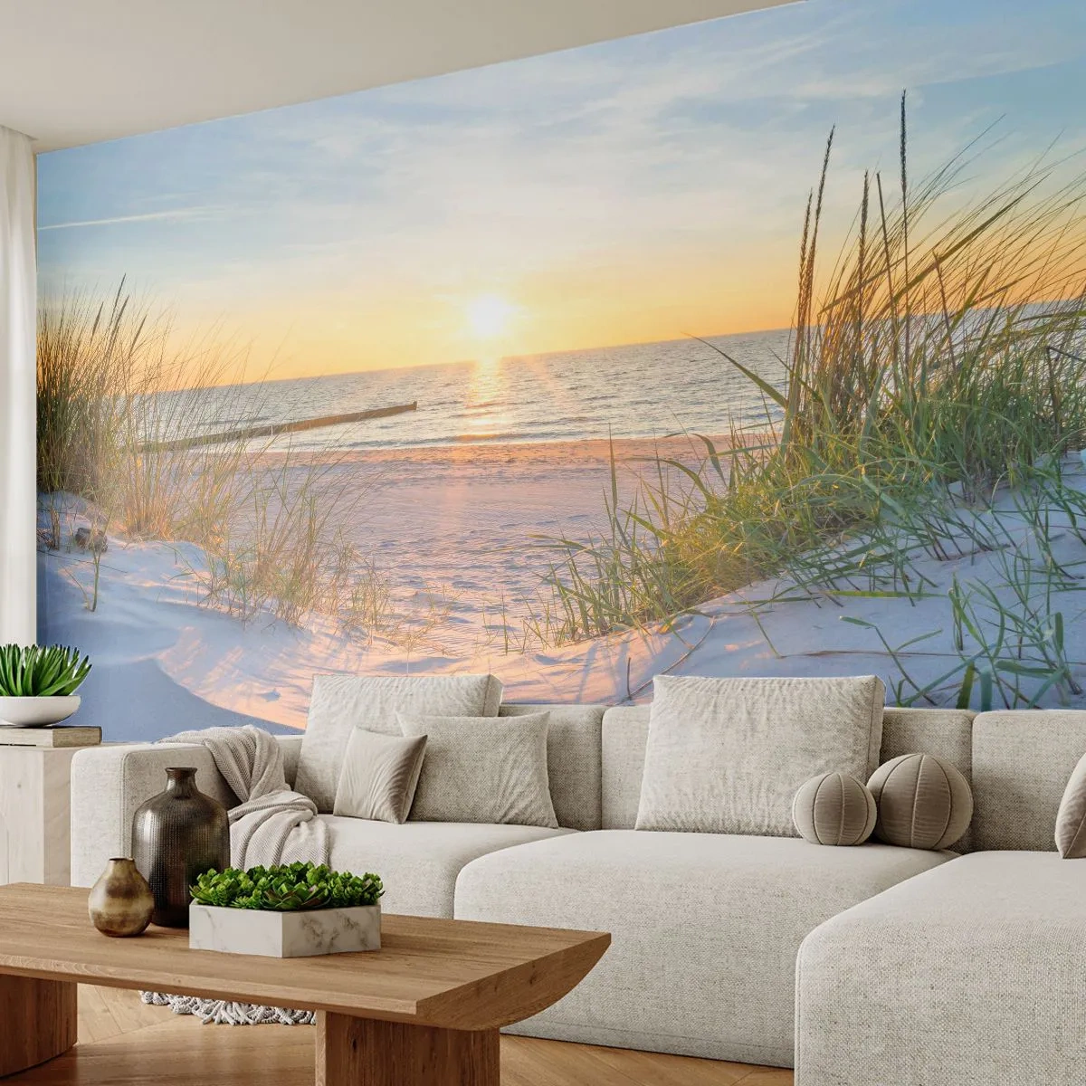 Fotobehang Standard Eco - Zonsondergang over een zandstrand met duinen - 100x70cm - Het geluid van de zee, het zingen van vogels, een wild strand tussen het gras... - Moderne wanddecoratie voor woonkamer en slaapkamer ARTTOR