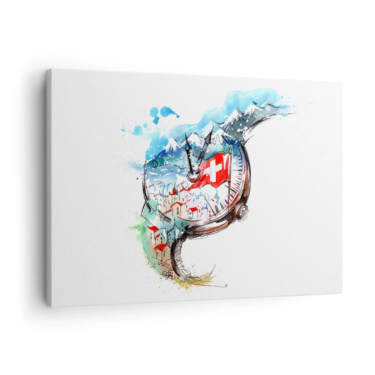 Schilderen op canvas - Een aquarellandschap van Zwitserland in een uurwerkontwerp - 70x50cm - De geest van Zwitserland - Moderne wanddecoratie voor woonkamer en slaapkamer ARTTOR
