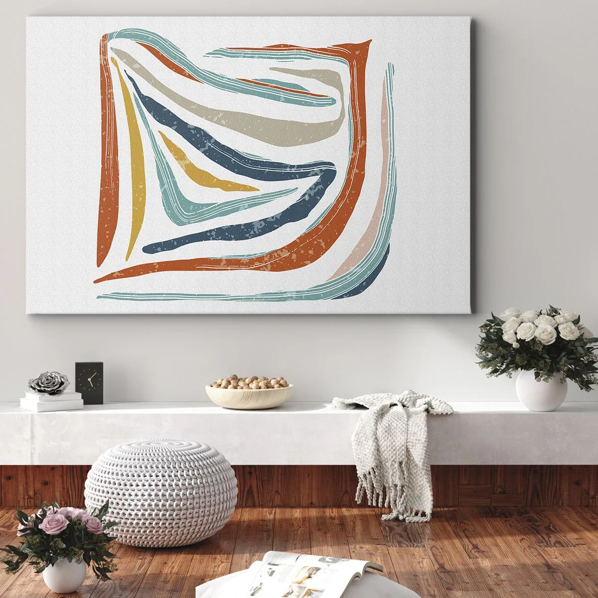Schilderen op canvas - Kleurrijke, dynamische lijnen in tinten blauw, oranje en beige - 70x50cm - Abstractie met een vriendelijke glimlach - Moderne wanddecoratie voor woonkamer en slaapkamer ARTTOR