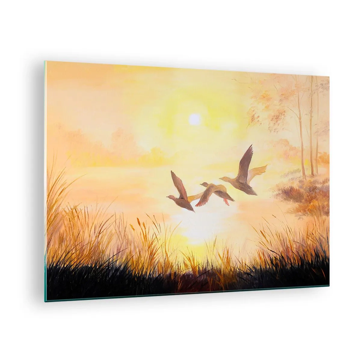 Schilderen op glas - Drie eenden vliegen over een meer bij zonsopgang - 70x50cm - Het begin van een lange reis - Moderne wanddecoratie voor woonkamer en slaapkamer ARTTOR