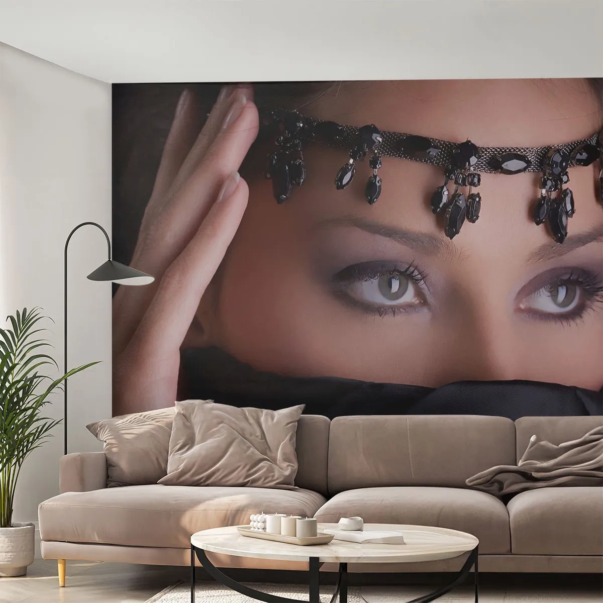 Fotobehang Premium Canvas - Oosters verleidelijk mysterie - Vrouw, Ogen, Cultuur - 500x350 cm