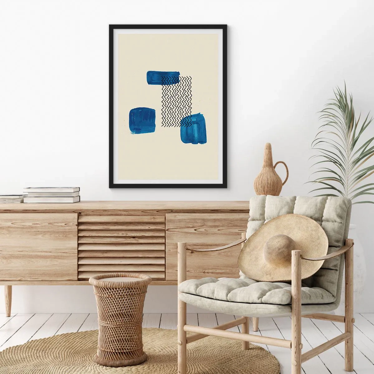 Poster in een zwarte lijst - Abstracte compositie in tinten marineblauw met lijnen - 50x70cm - Een abstract kwartet - Moderne wanddecoratie voor woonkamer en slaapkamer ARTTOR