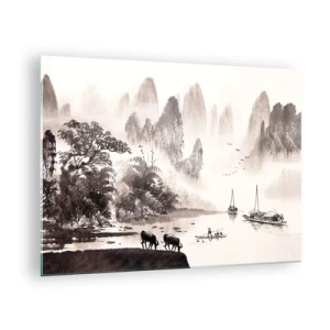 Schilderen op glas - Chinees landschap met bergen, bomen en water - 70x50cm - Het exotische alledaagse leven van het Oosten - Moderne wanddecoratie voor woonkamer en slaapkamer ARTTOR