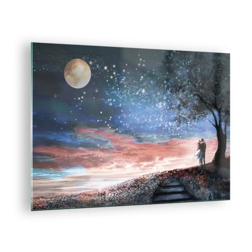 Schilderen op glas - Een verliefd stel onder een boom met de maan en de sterren - 70x50cm - Een sterrenspektakel - Moderne wanddecoratie voor woonkamer en slaapkamer ARTTOR