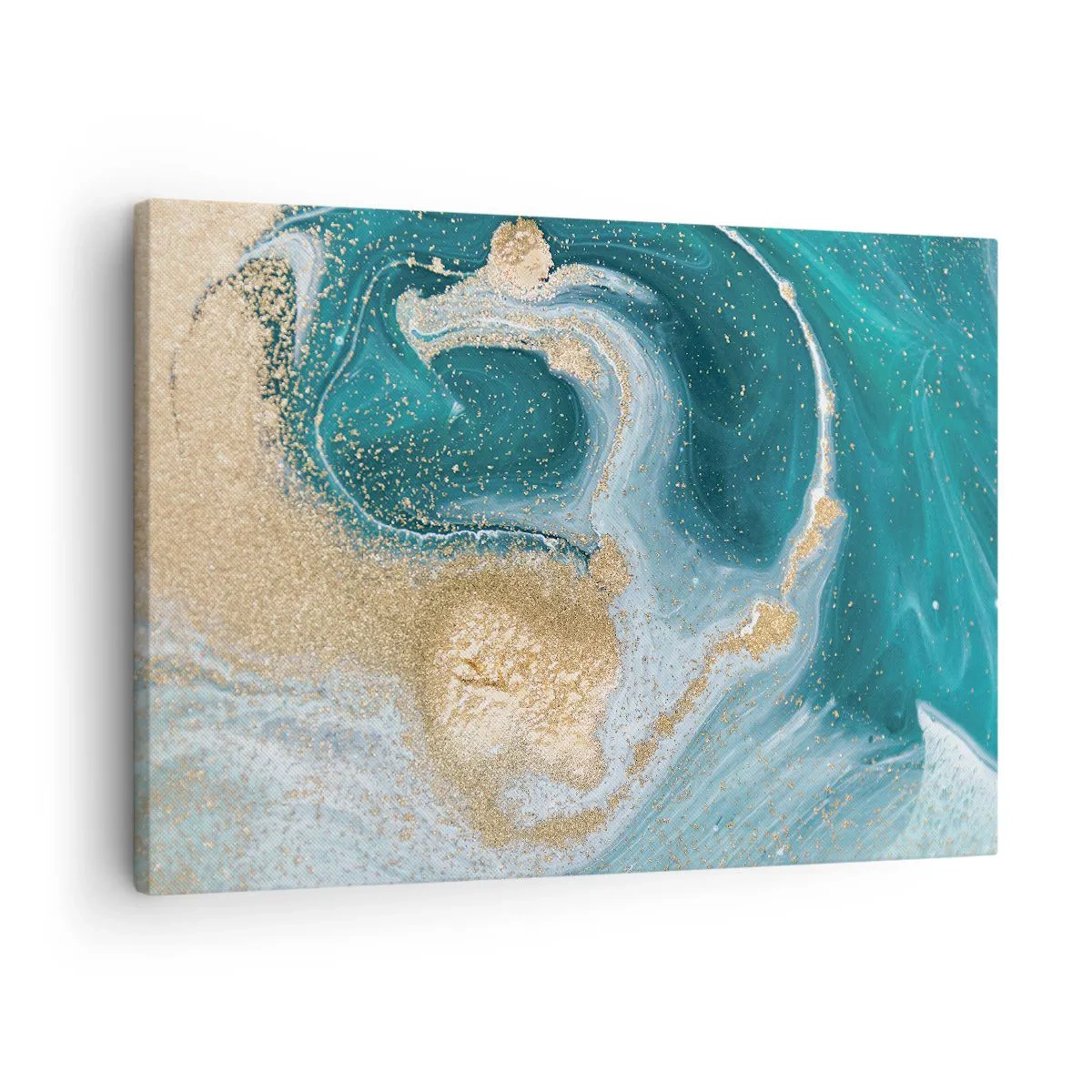 Schilderen op canvas - Abstracte werveling in turquoise en gouden tinten - 70x50cm - Een werveling van goud en turkoois - Moderne wanddecoratie voor woonkamer en slaapkamer ARTTOR