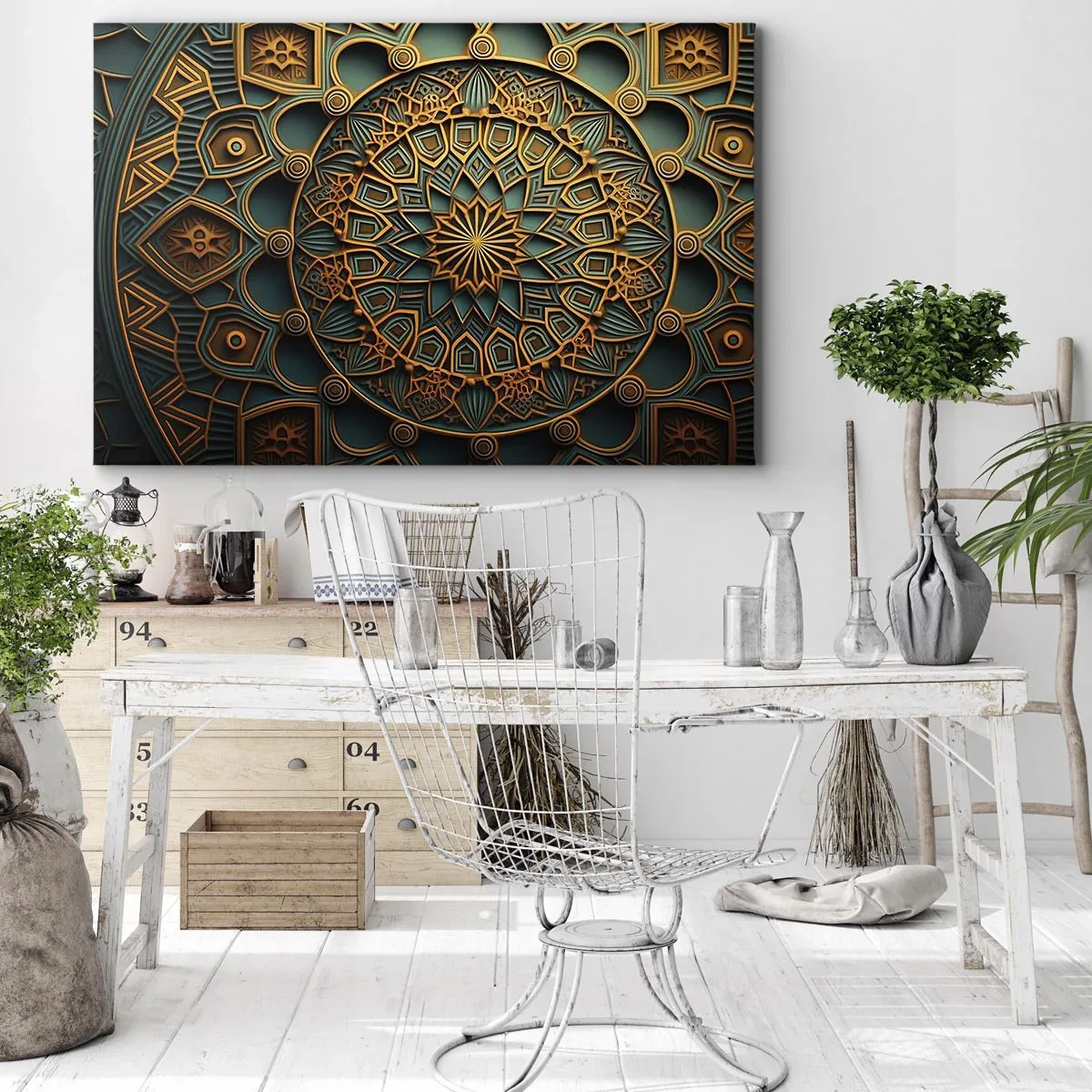 Schilderen op canvas - Een gouden mandala op een turquoise achtergrond met rijke details. - 70x50cm - In Arabische sfeer - Moderne wanddecoratie voor woonkamer en slaapkamer ARTTOR