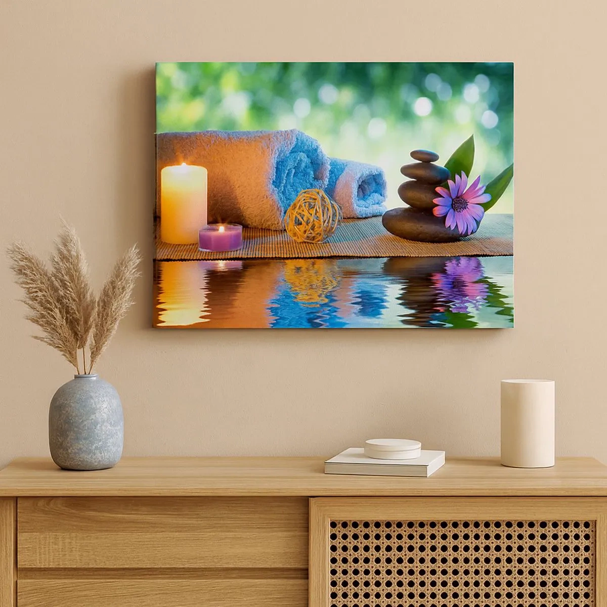 Schilderen op canvas - Ontspannende SPA-set met handdoeken, kaarsen en stenen - 70x50cm - Tijd voor het lichaam - Moderne wanddecoratie voor woonkamer en slaapkamer ARTTOR