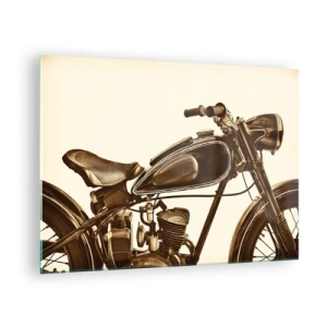 Schilderen op glas - Stijlvolle retro motorfiets in sepia tinten op een lichte achtergrond - 70x50cm - Verlangen naar de klassiekers - Moderne wanddecoratie voor woonkamer en slaapkamer ARTTOR