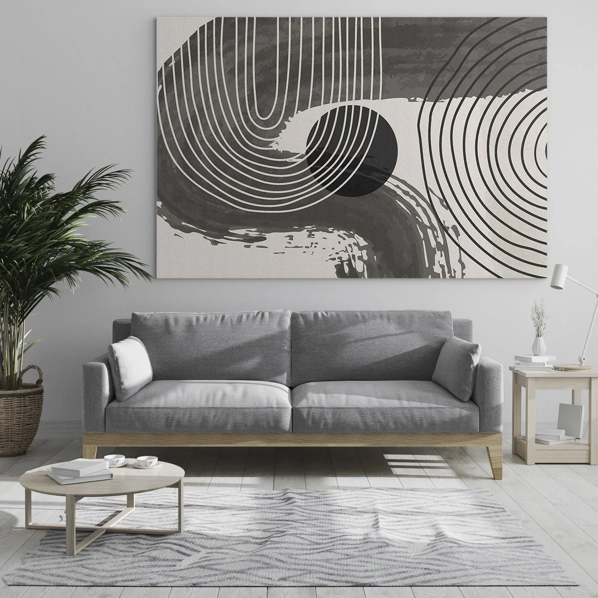 Schilderen op glas - Moderne abstractie met zwart-witte lijnen en een ovaal - 70x50cm - Het ovaal wint - Moderne wanddecoratie voor woonkamer en slaapkamer ARTTOR
