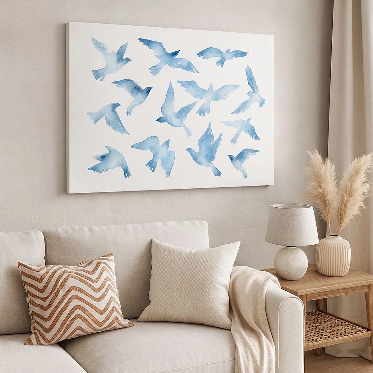 Schilderen op canvas - Een subtiele aquarel met vliegende vogels - 70x50cm - Blauwe vogels - Moderne wanddecoratie voor woonkamer en slaapkamer ARTTOR