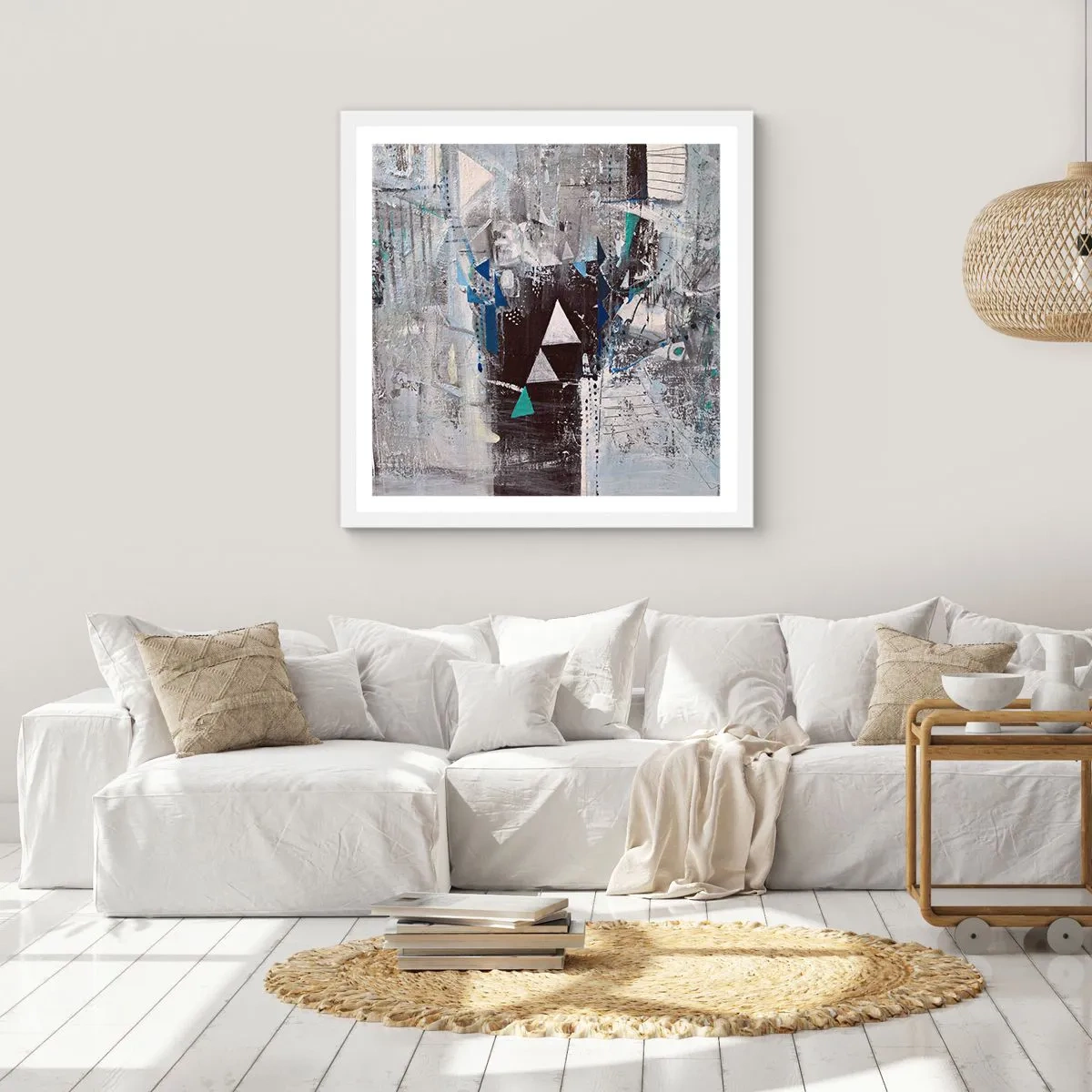 Poster in een witte lijst - Overschrijvende volgorde van driehoeken - 50x50 cm