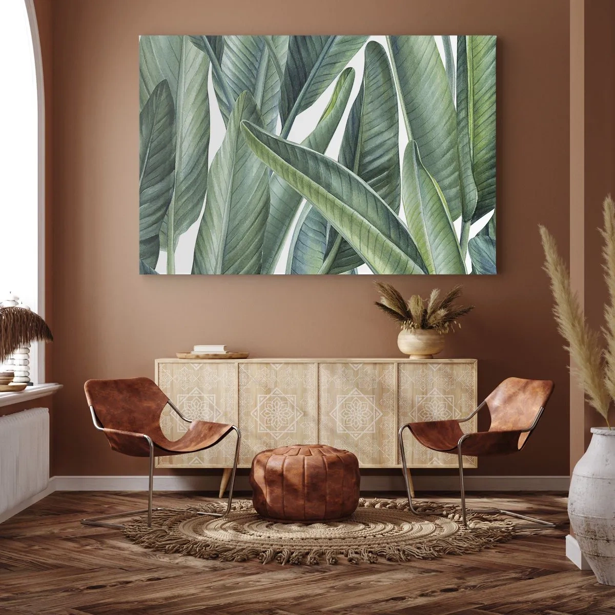 Schilderen op canvas - Groene bladeren in een minimalistische, botanische stijl - 70x50cm - Groen zelf - Moderne wanddecoratie voor woonkamer en slaapkamer ARTTOR