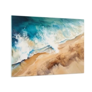 Schilderen op glas - Een vogelperspectief van een blauwe zeegolf die tegen een zandige kust beukt - 70x50cm - De terugkerende golf - Moderne wanddecoratie voor woonkamer en slaapkamer ARTTOR