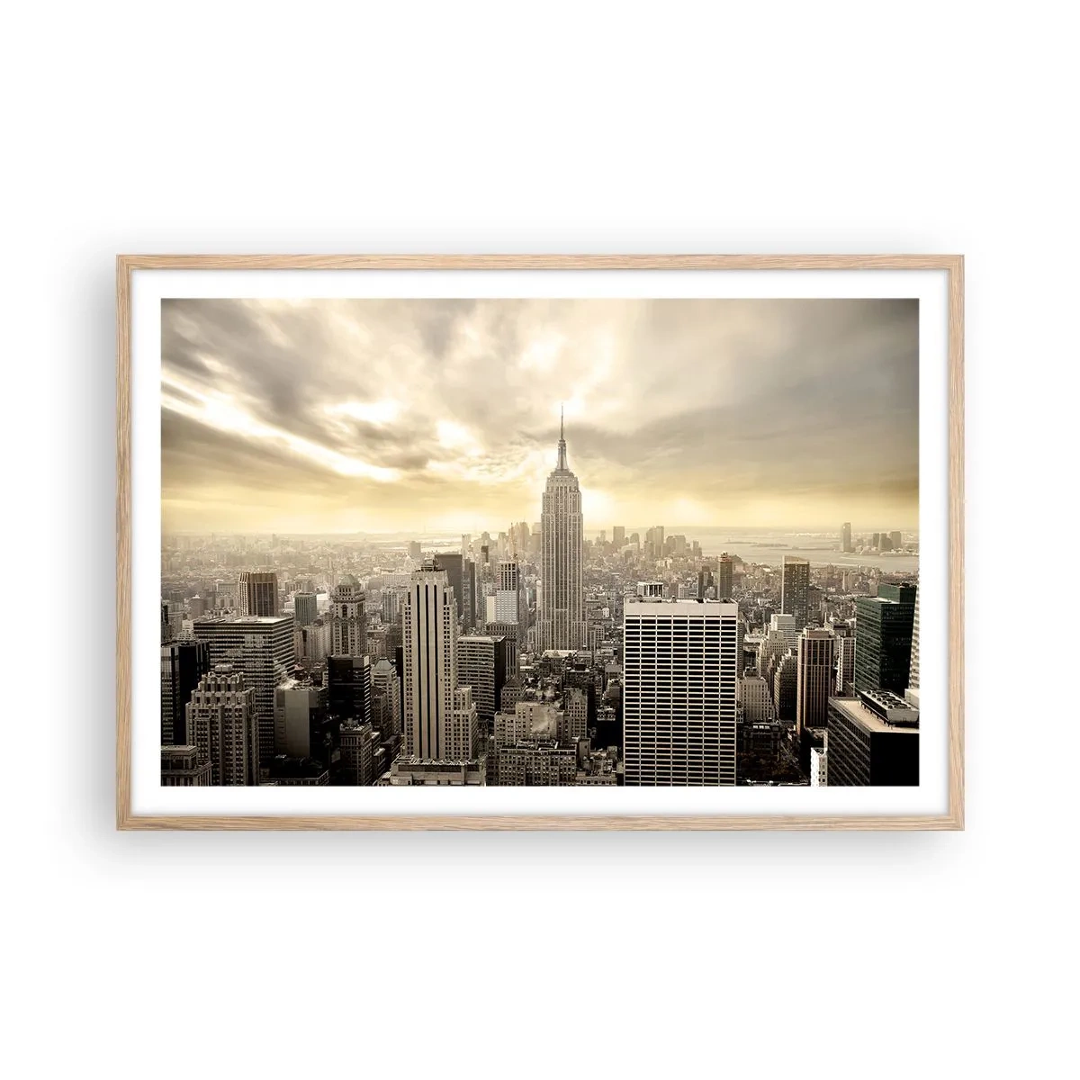 Een poster in een licht eiken lijst - New York geweven van grijs - 91x61 cm