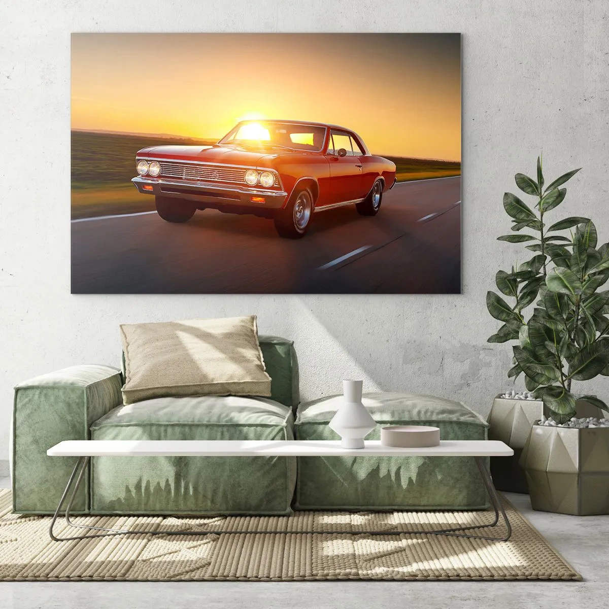 Schilderen op glas - Rode klassieke auto tegen de ondergaande zon - 70x50cm - Verlangen is rood - Moderne wanddecoratie voor woonkamer en slaapkamer ARTTOR
