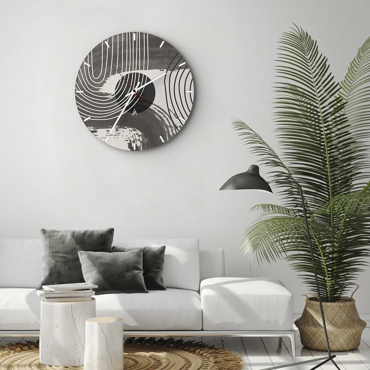Wandklok - Klok - Zwarte en witte lijnen in een golvend ritme rondom een zwarte cirkel - 30x30cm - Het ovaal wint - Moderne wanddecoratie voor woonkamer, keuken en slaapkamer ARTTOR