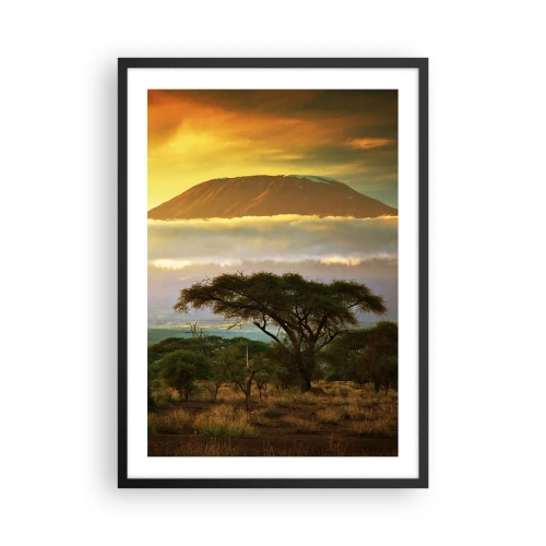 Poster in een zwarte lijst - Kilimanjaro bij zonsondergang in de Afrikaanse savanne - 50x70cm - Een reizigersdroom - Moderne wanddecoratie voor woonkamer en slaapkamer ARTTOR