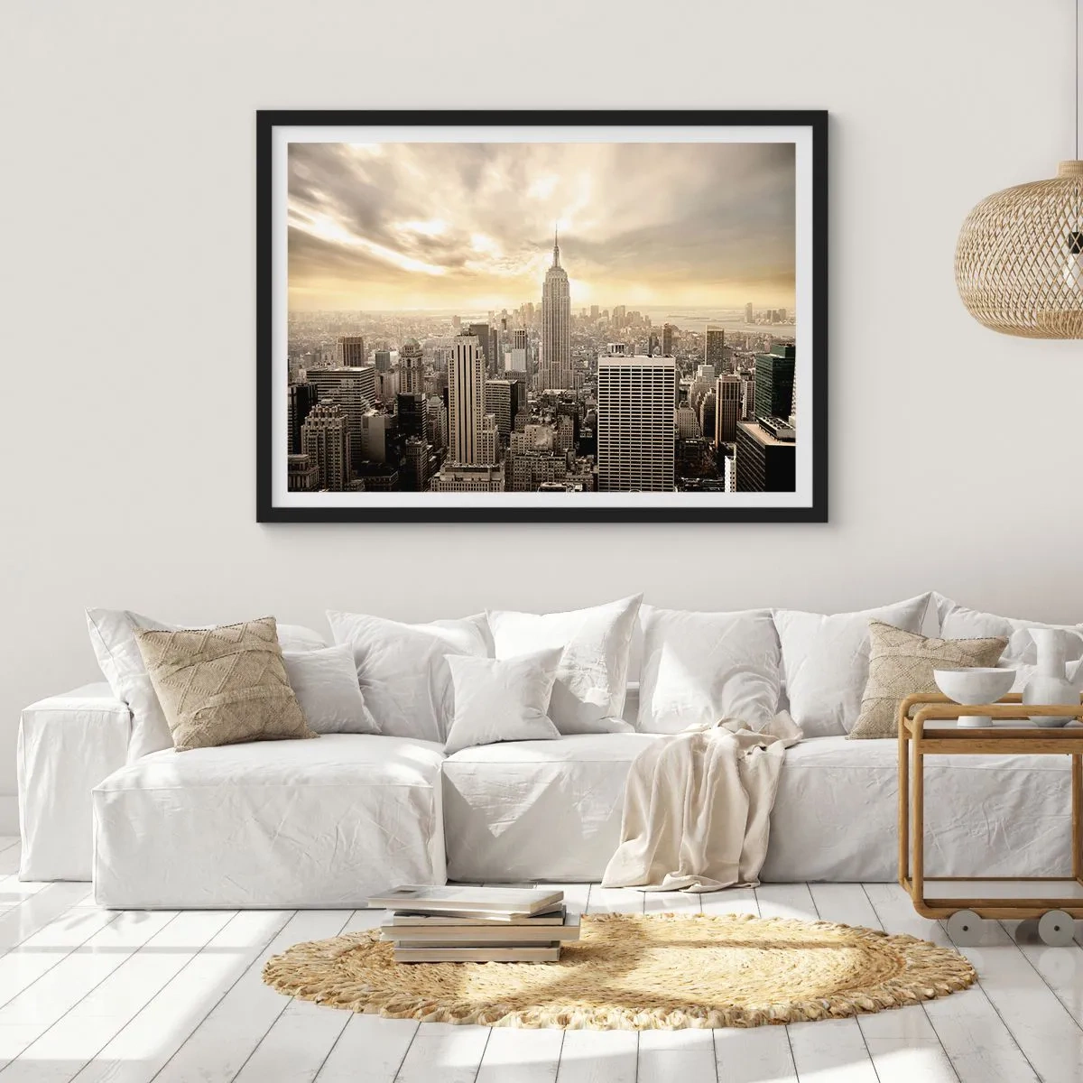 Poster in een zwarte lijst - New York geweven van grijs - 100x70 cm