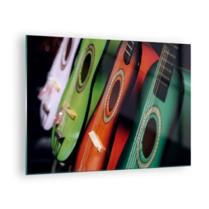 Schilderen op glas - Kleurrijke gitaren op een rij - 70x50cm - De gitaar heeft vele kleuren - Moderne wanddecoratie voor woonkamer en slaapkamer ARTTOR
